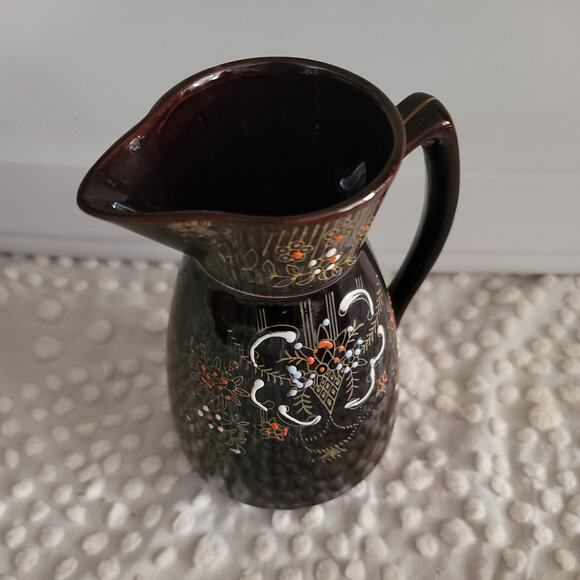 Vintage Chocolate Brown Hand Painted Moriage 7 inch Tall Redware Pitcher - Picture 2 of 5